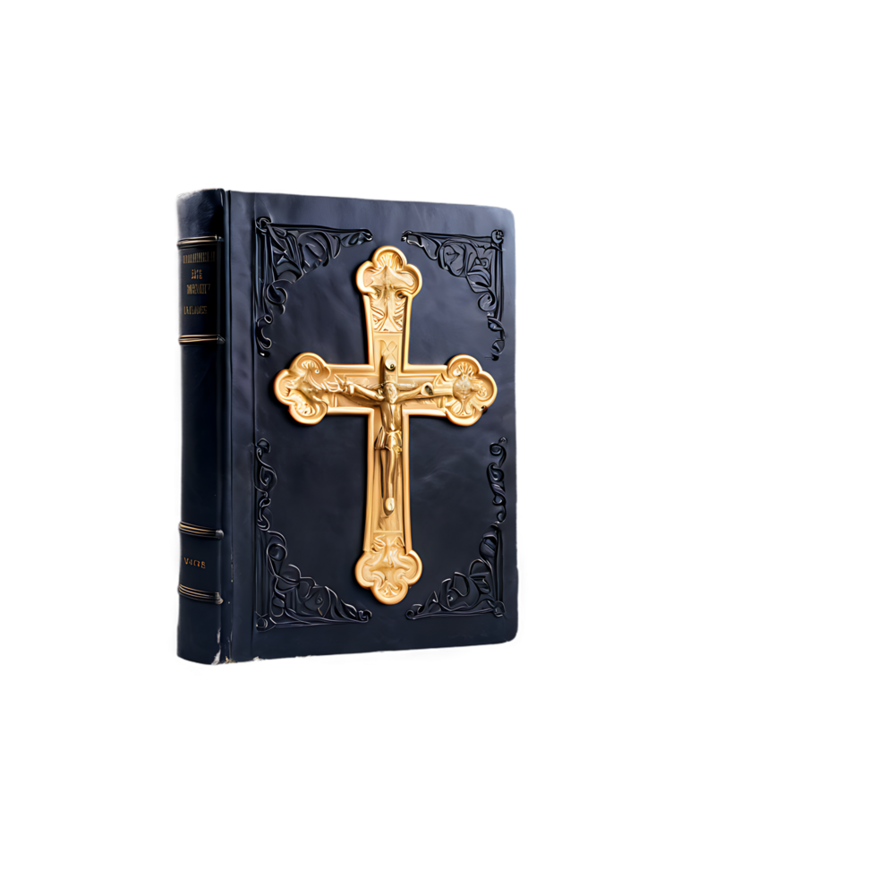 Ornate golden cross and book depicting christian faith and religious symbolism png