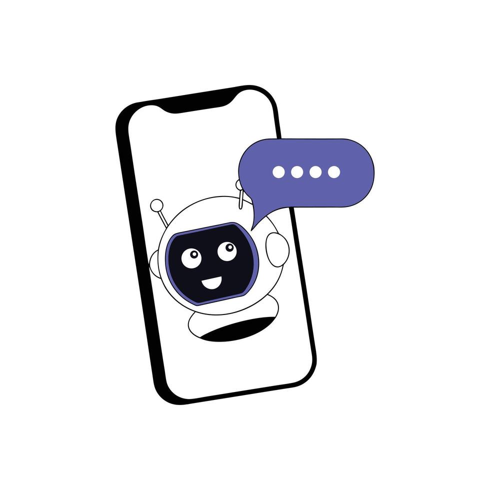 Robot presenting message in speech bubble, mobile app design element, digital communication. Ideal for customer support, chatbot services, AI interaction, online tools, virtual assistant vector