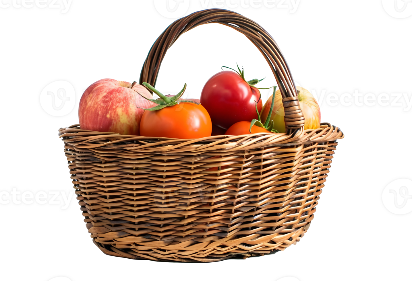 Al generated wicker basket with apples and tomatoes isolated on transparent background png