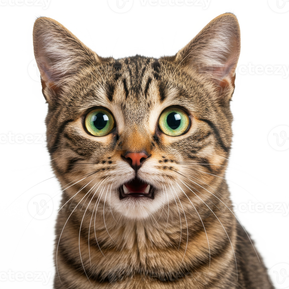 Shocked expression on a fluffy tabby cat png