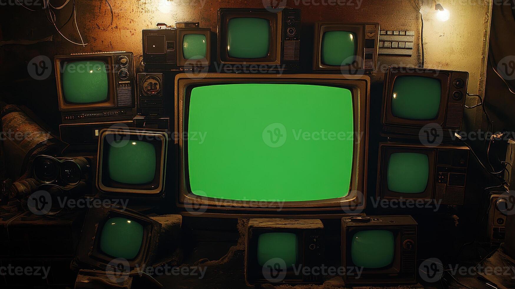 Obsolete Media A Stack of Vintage Televisions with Glowing Green Screens in a Dimly Lit Space photo