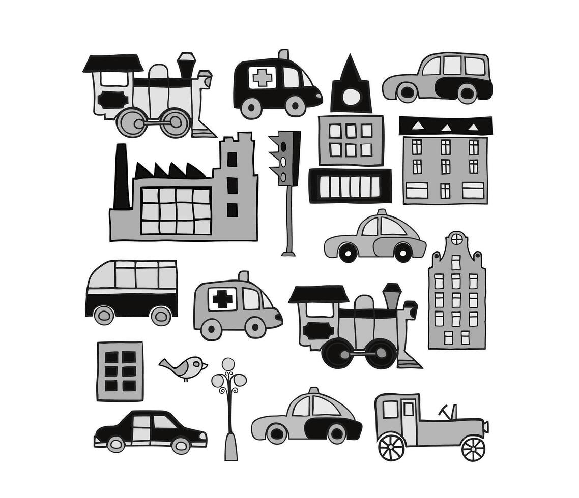 A black and white illustration of various vehicles vector