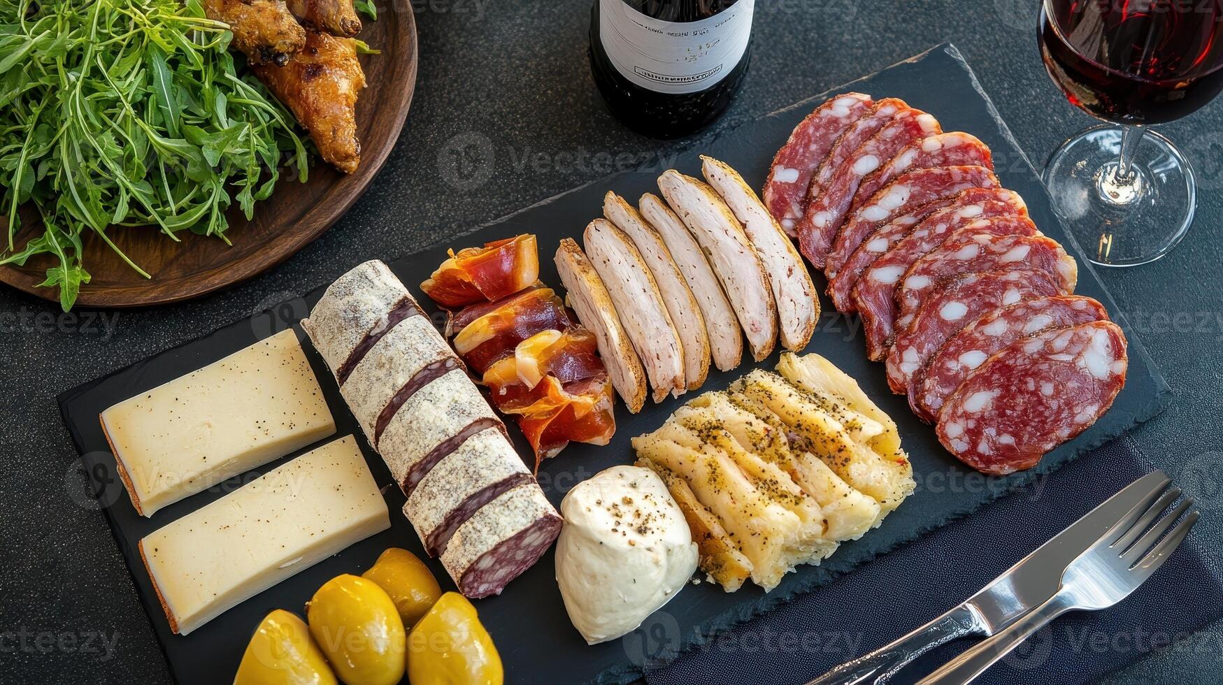 Elegant Charcuterie Wine Cheese and Cured Meats Arranged Artfully on Slate photo
