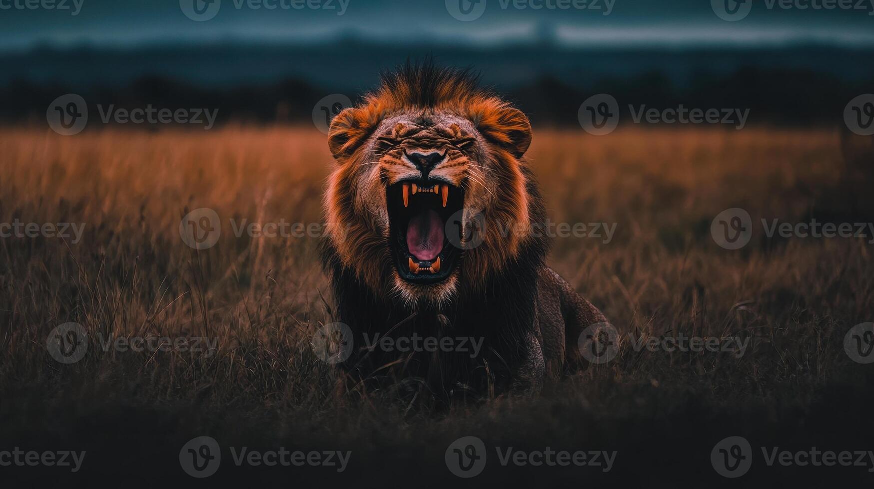 Roaring Majesty Intense Lion Portrait in Golden Grass, Raw Power Displayed photo