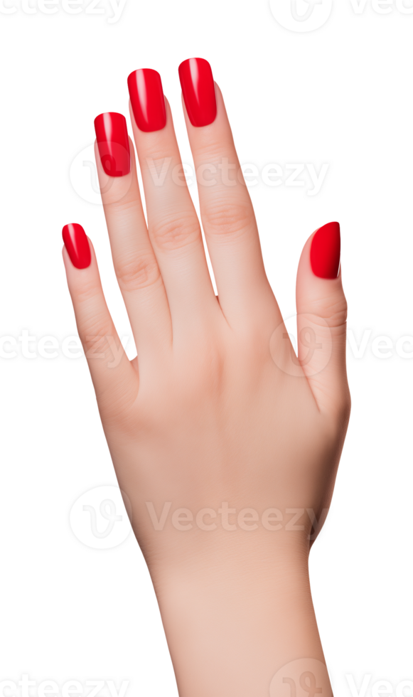Woman Hand Showing Long Nails with Red Nail Polish Isolated on Transparent Background png
