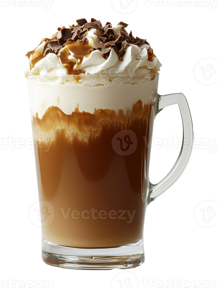 Coffee beverage with whipped cream, caramel, and chocolate shavings on transparent image png