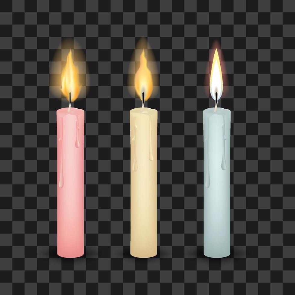 Set of three burning tall candles vector