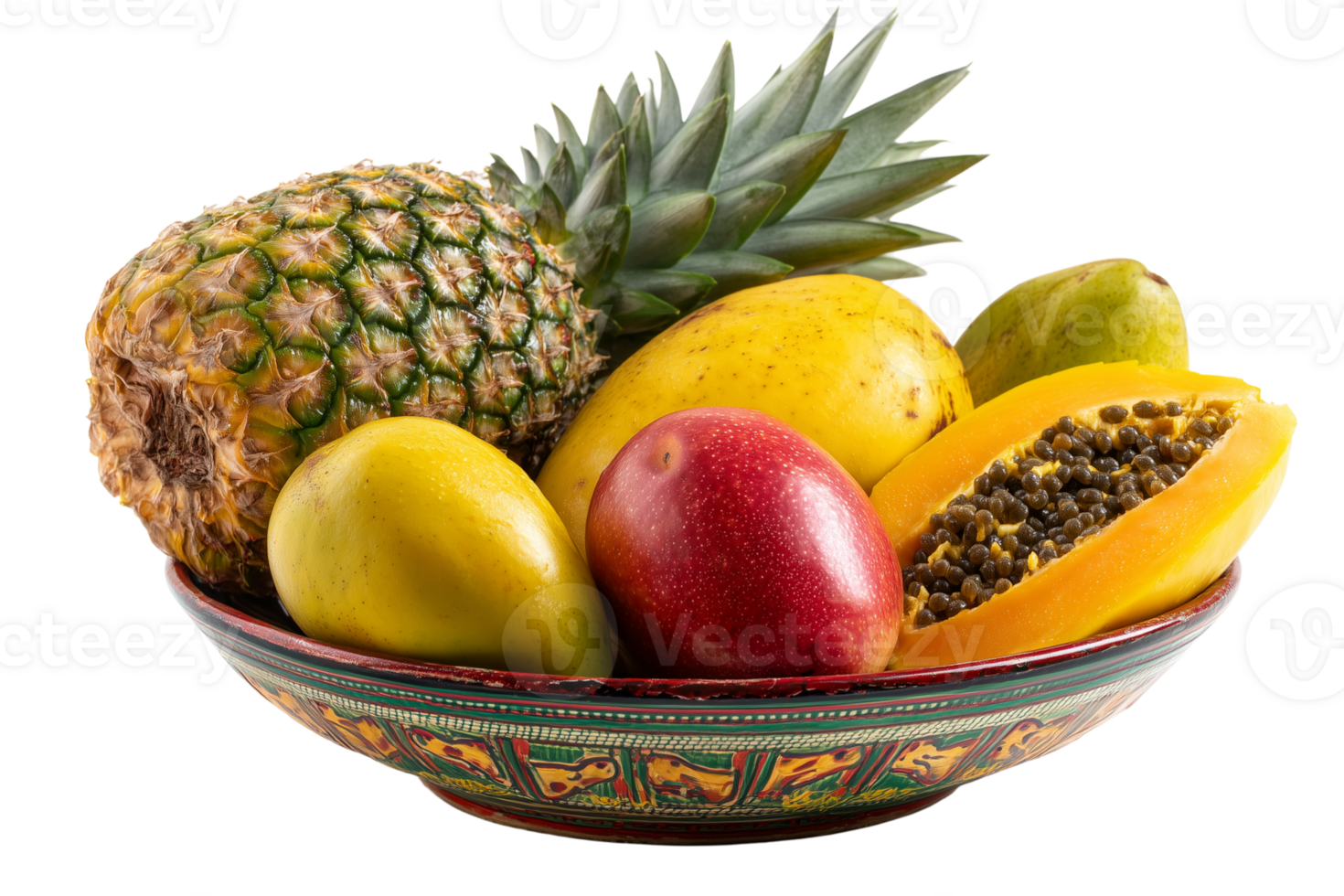 Mixed tropical fruits including pineapple mango papaya in a bright serving bowl Isolated on transparent Background png