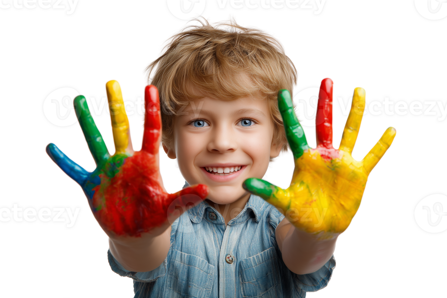 Joyful child holding up painted hands with primary colors in a playful expression Isolated on transparent Background png