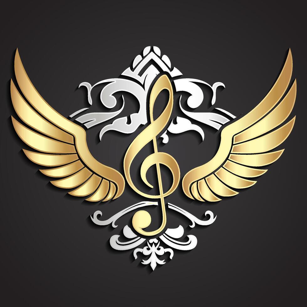 winged violin clef with ornamental decoration shiny gold silver metal color vector