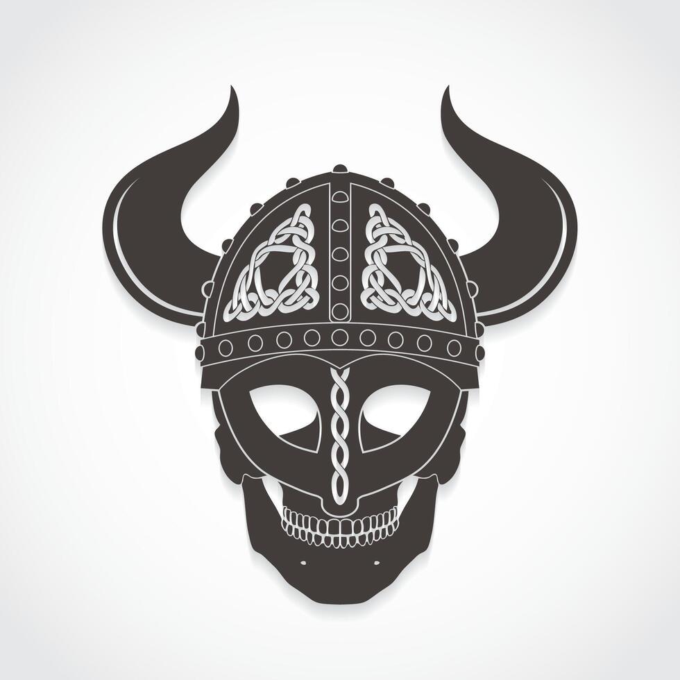 skull with horned viking helmet ornamental logo design vector