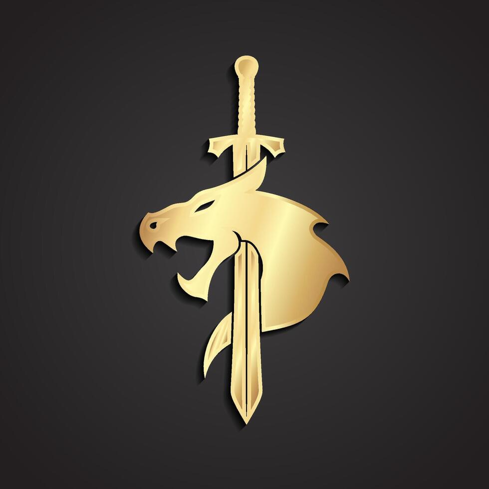3d dragon head with sword golden logo vector