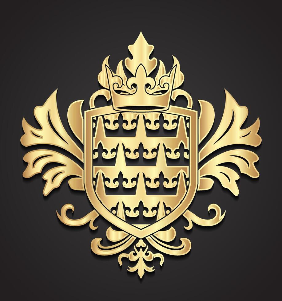 golden heraldry shield with crown and ornamental decoration vector