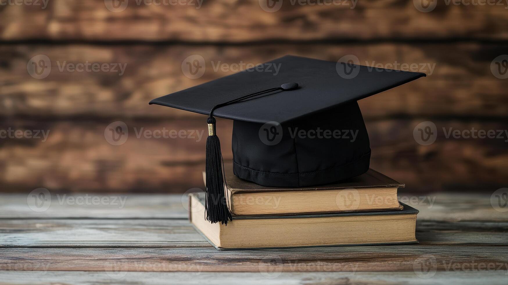 Graduation Cap atop Books on Rustic Wood A Symbol of Achievement and Educations Foundation photo