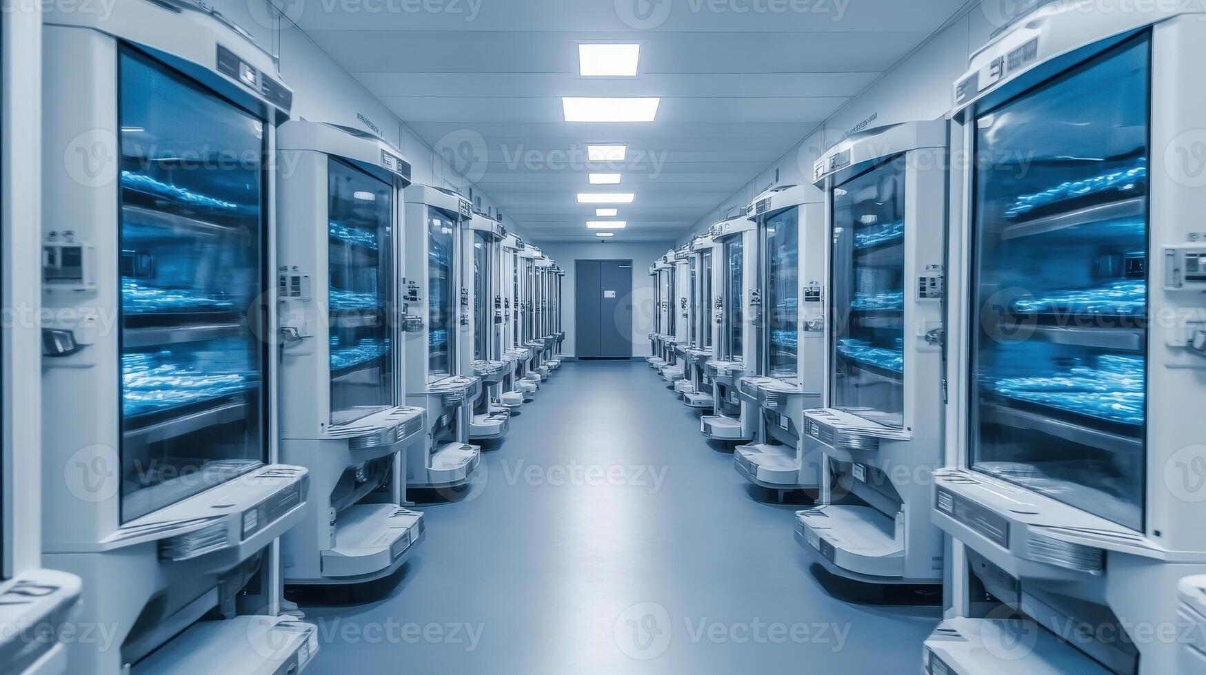 Sterile Corridor Rows of Incubators in a Cleanroom Science and Research Setting photo