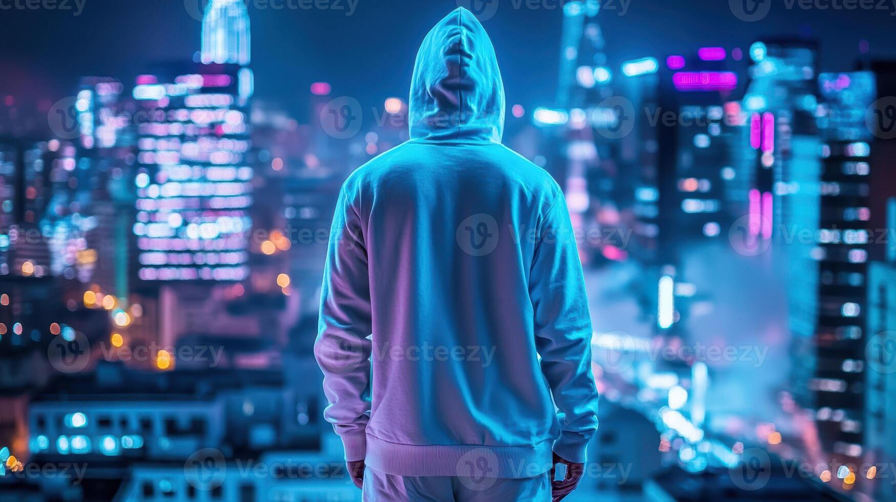 Cyberpunk Dreamer Hoodie Figure Gazing at Neon Skyline Futuristic Aspiration and Urban Reflection photo