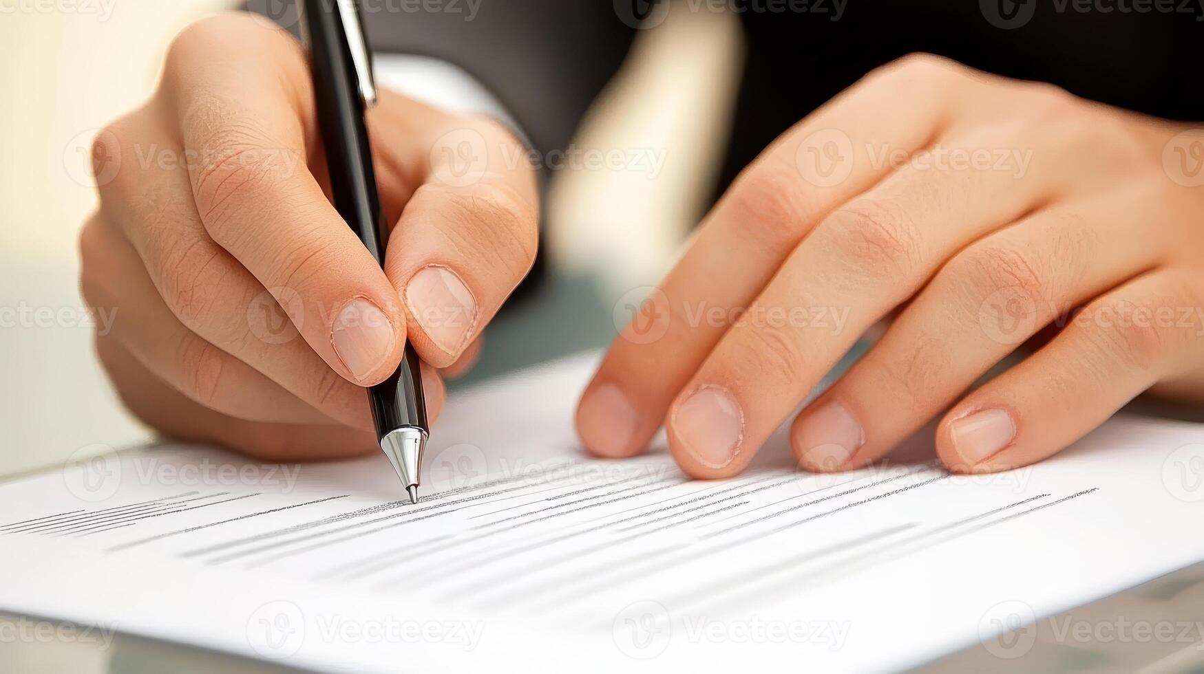 Signing a Document Hands with Pen Writing on Paper in an Office Setting Closeup View photo