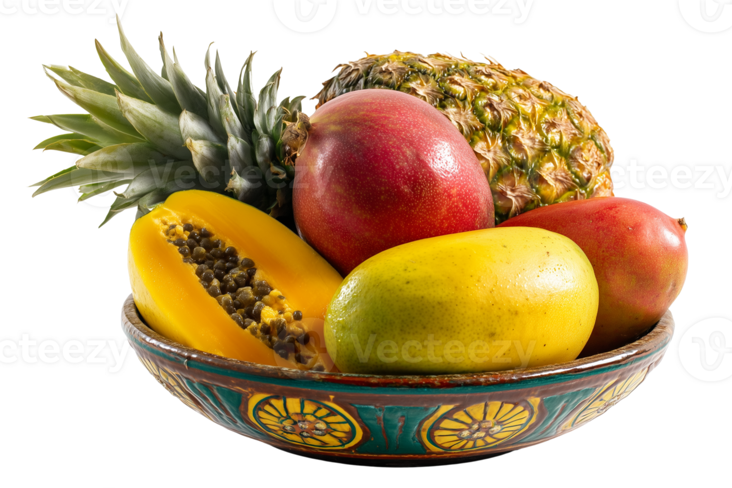 Bowl of fresh tropical fruits with pineapple mango and papaya in vivid colors Isolated on transparent Background png