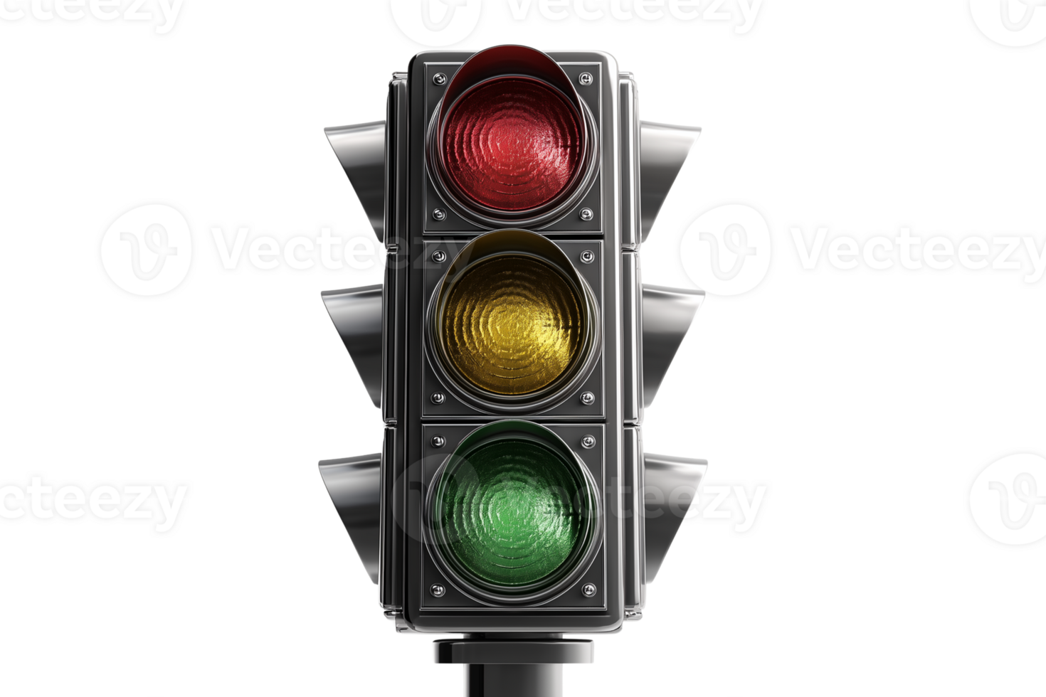 Urban traffic signal with all lights active and metallic surface in realistic modern design Isolated on transparent Background png