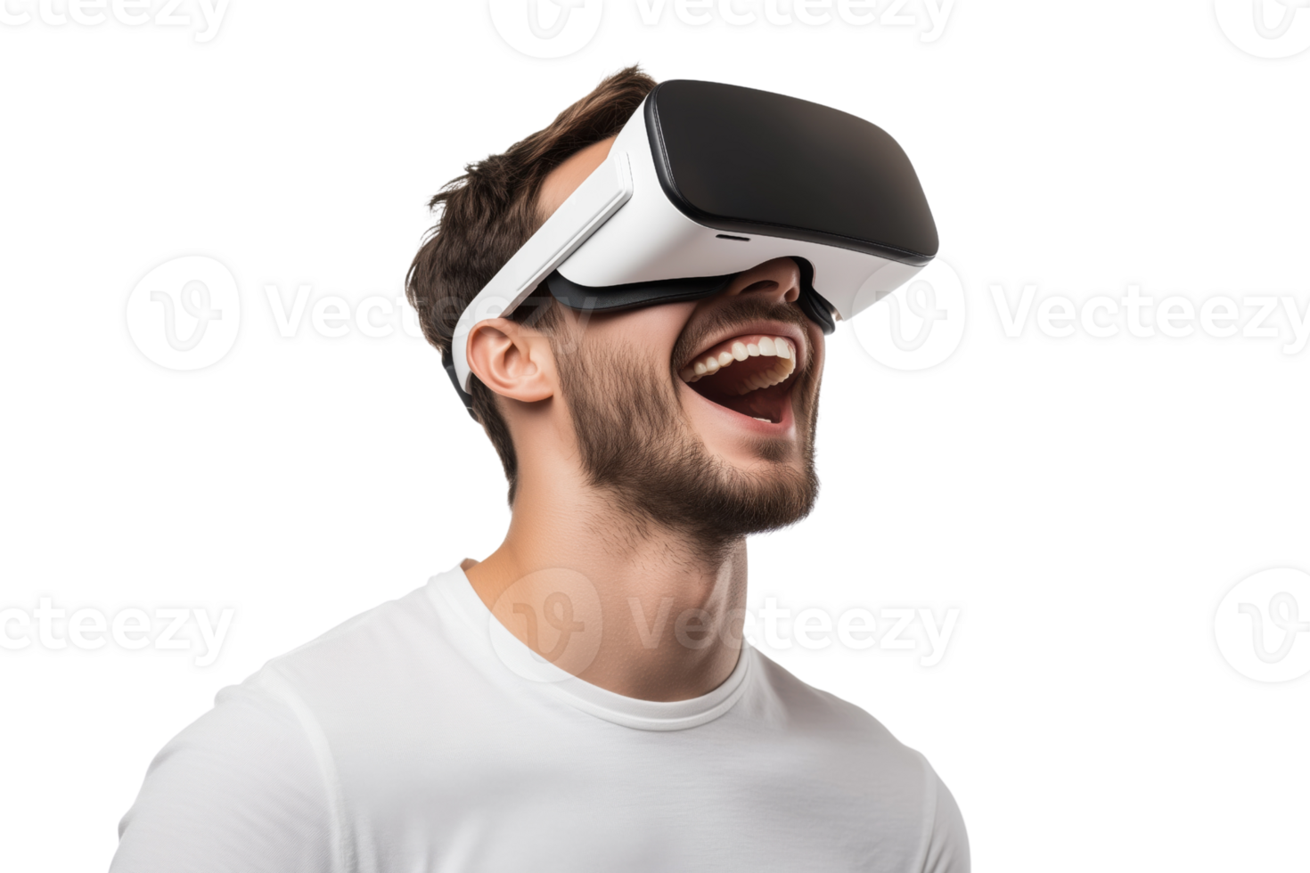 Happy man in white T-shirt wearing VR headset in side view Isolated on transparent Background png