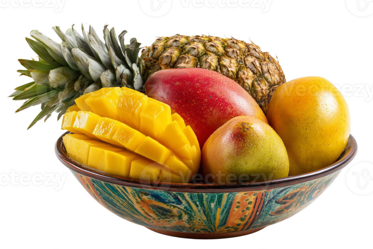 Colorful serving of mixed tropical fruits including mango pineapple and papaya Isolated on transparent Background png
