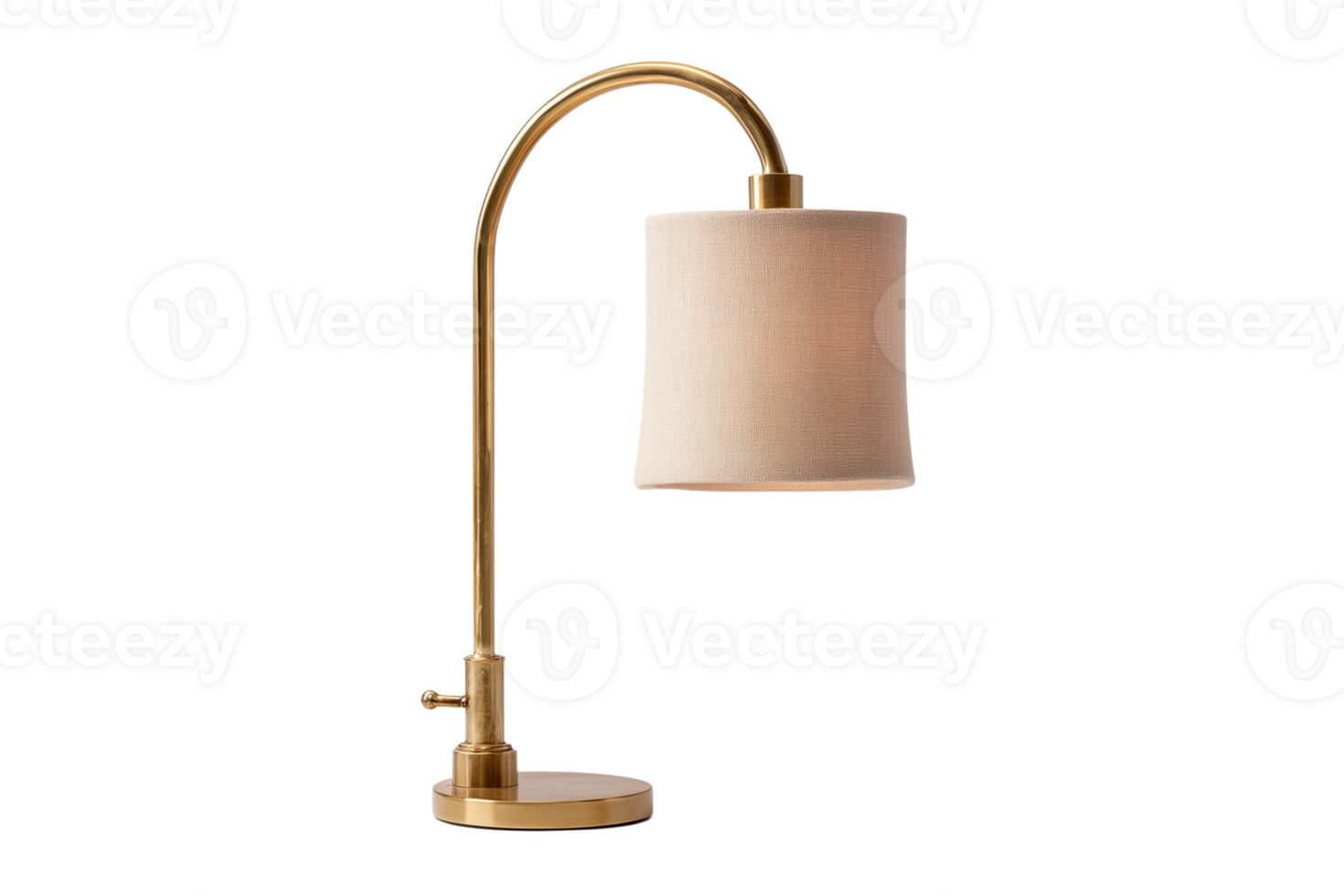 Brass-accented bedside lamp in vintage style with glowing tan fabric shade Isolated on transparent Background png