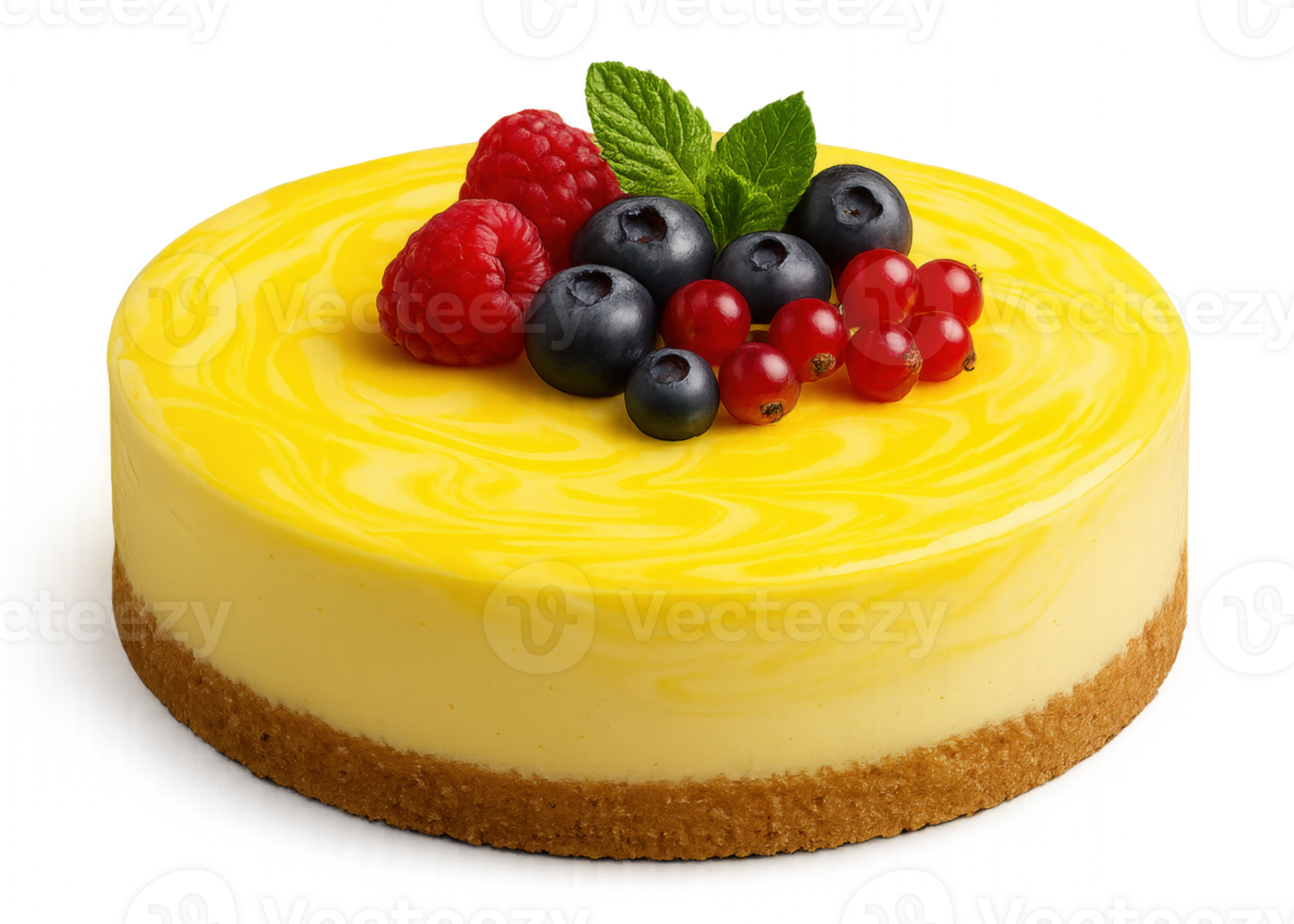 A round cheesecake topped with fresh raspberries, blueberries, and red currants. The cake has a smooth yellow surface and a golden crust. png