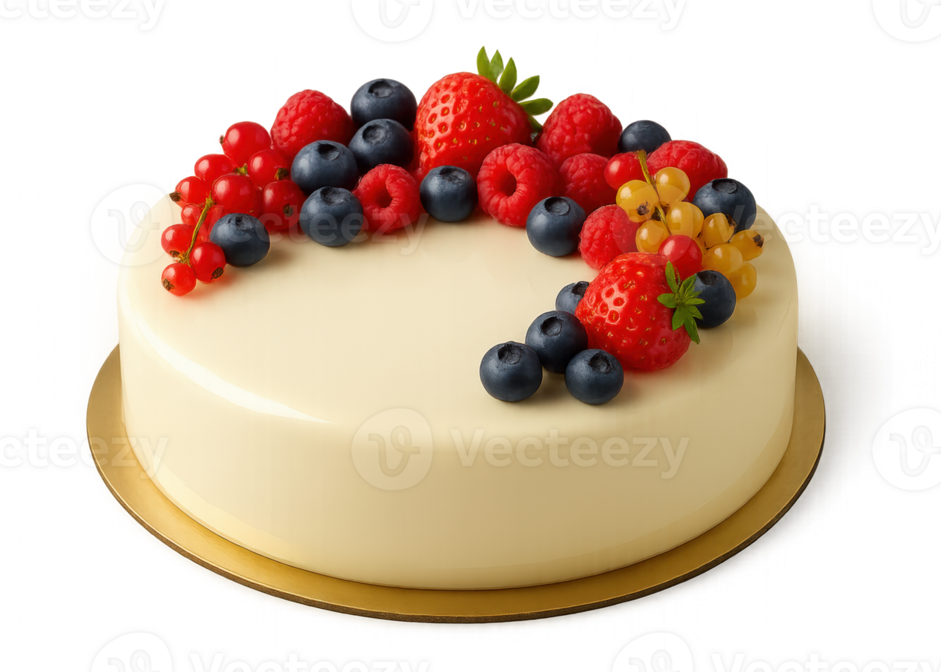 A round white cake topped with an assortment of fresh berries including raspberries, blueberries, and red currants. The cake is presented on a gold base. png