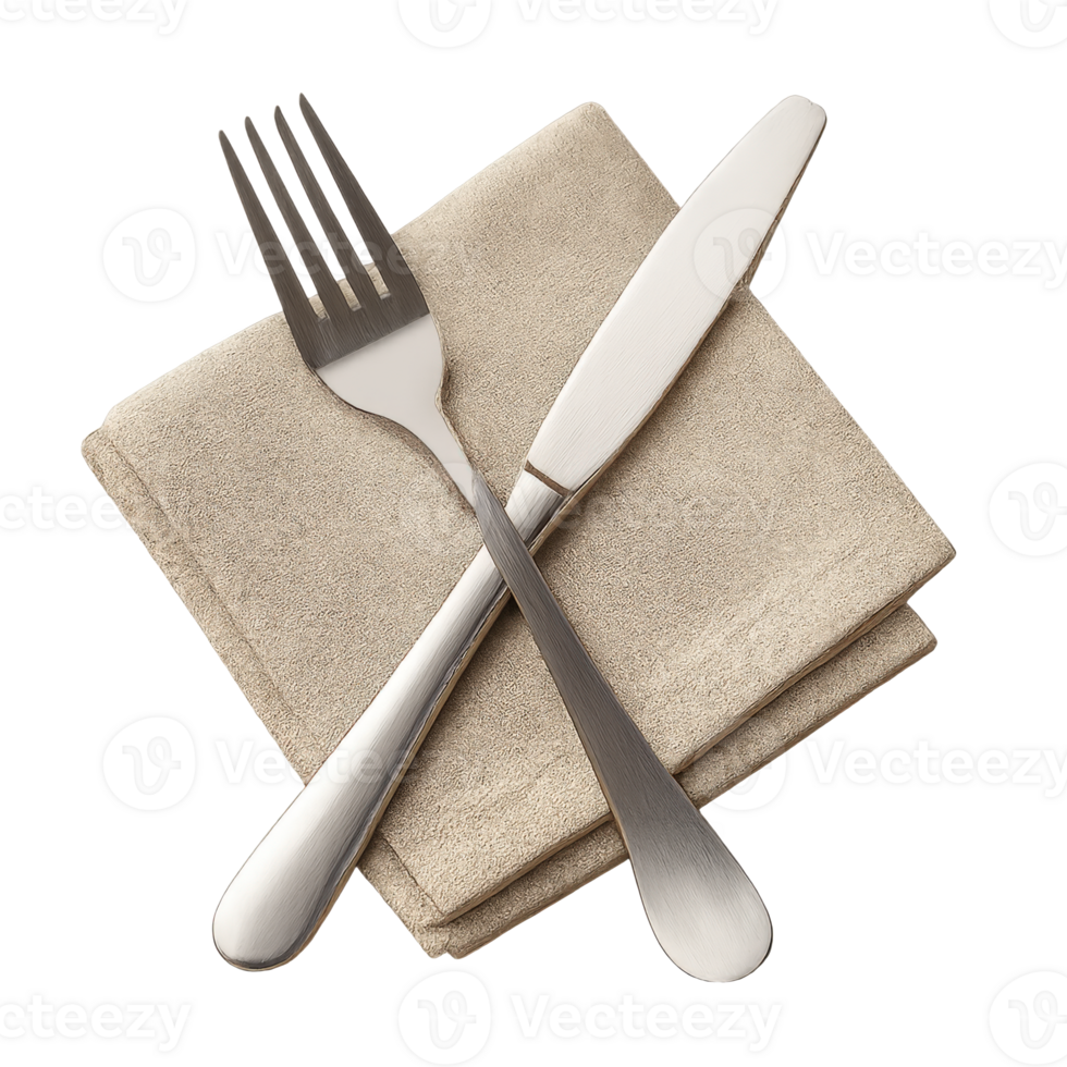 Elegant silver fork and knife crossed on beige linen napkin for restaurant table setting dining flatware cutlery kitchen utensils png