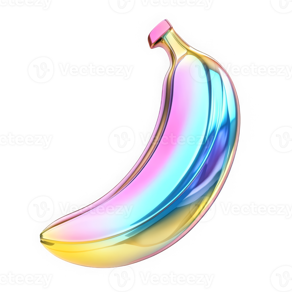 Glossy 3D banana with holographic chrome texture. Y2K-inspired shape, pastel rainbow reflections, shiny metallic finish, freeform molten design. png