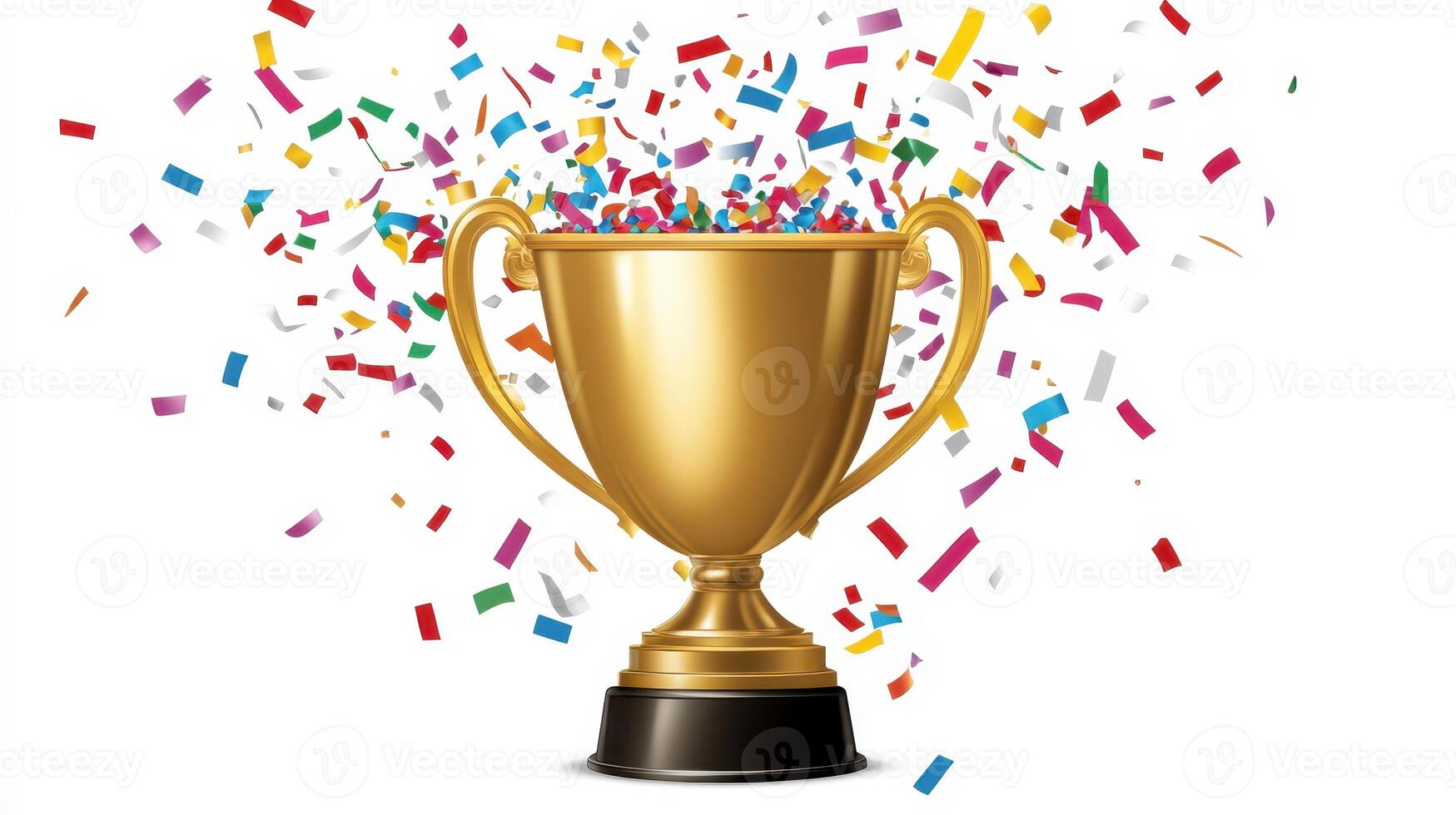 Victory Celebration Golden Trophy with Confetti Burst on a White Background Success Achieved photo