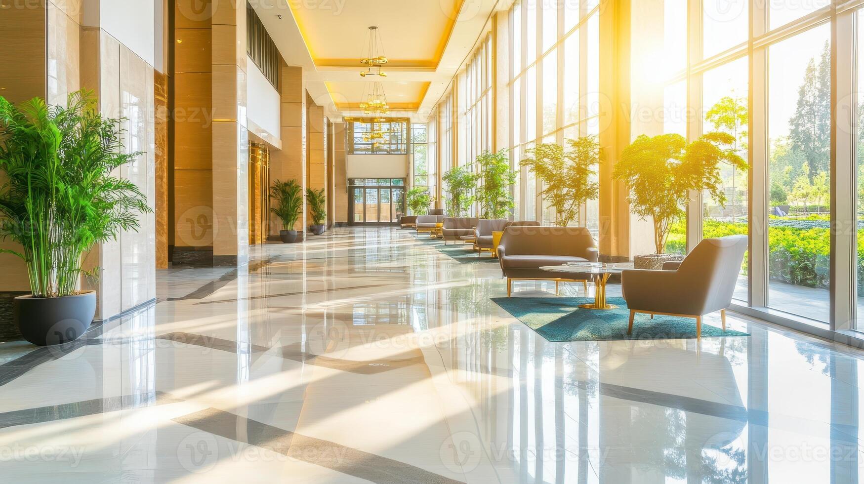 Elegant Lobby Sunlight Seating and Lush Greenery in Luxurious Interior Design photo