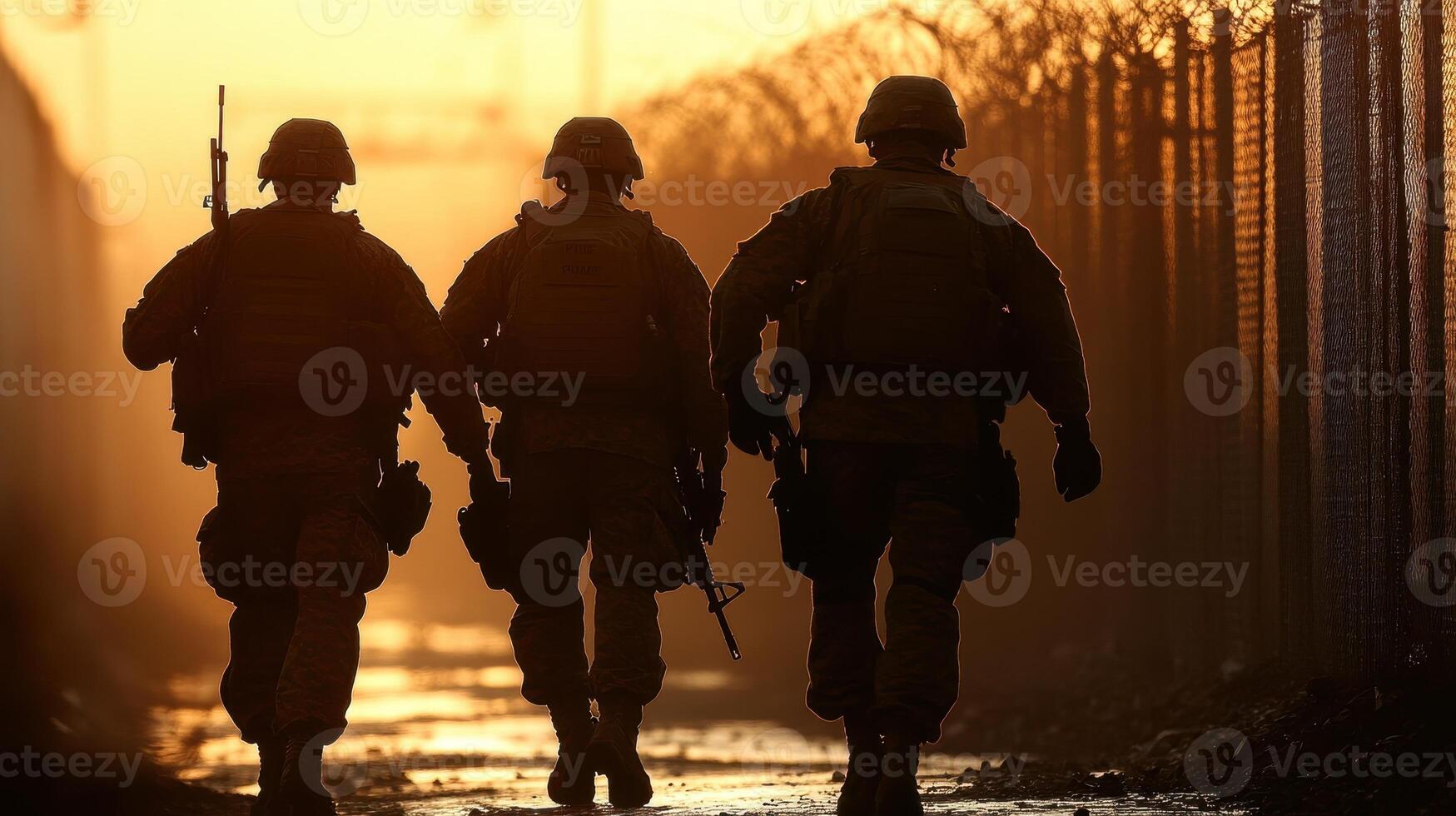 Twilight Patrol Soldiers on Watch Along the Fence, A Silhouette of Duty and Security in Hazy Light photo