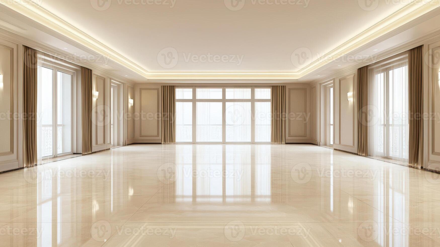 Opulent Empty Room LightFilled Elegance with Marble Floor and Window Views photo