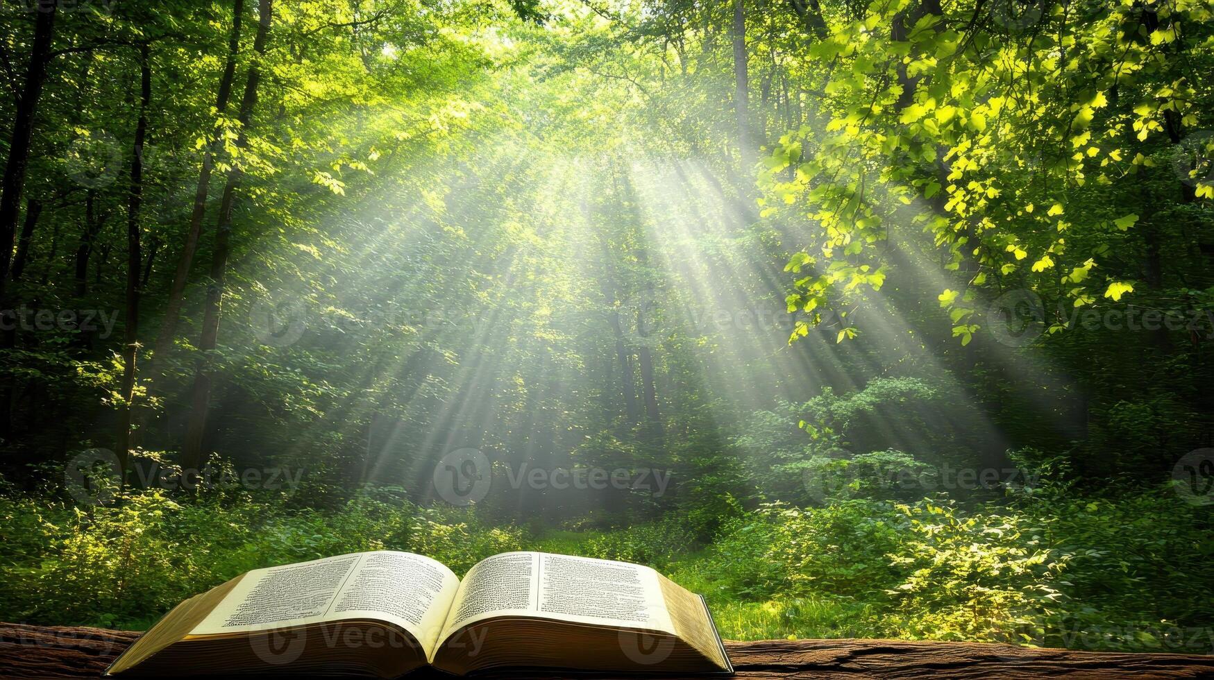 Illuminated Wisdom Open Book in a SunDrenched Forest Setting photo
