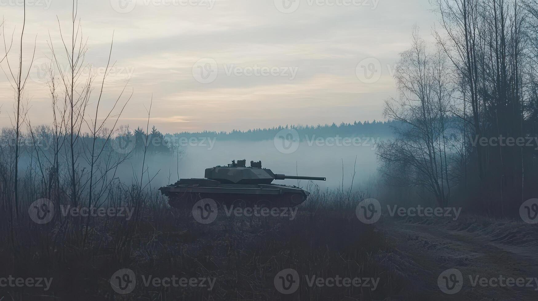 Tank in the Mist A Silhouette of Power in the Early Morning Haze Tactical Ground Warfare photo