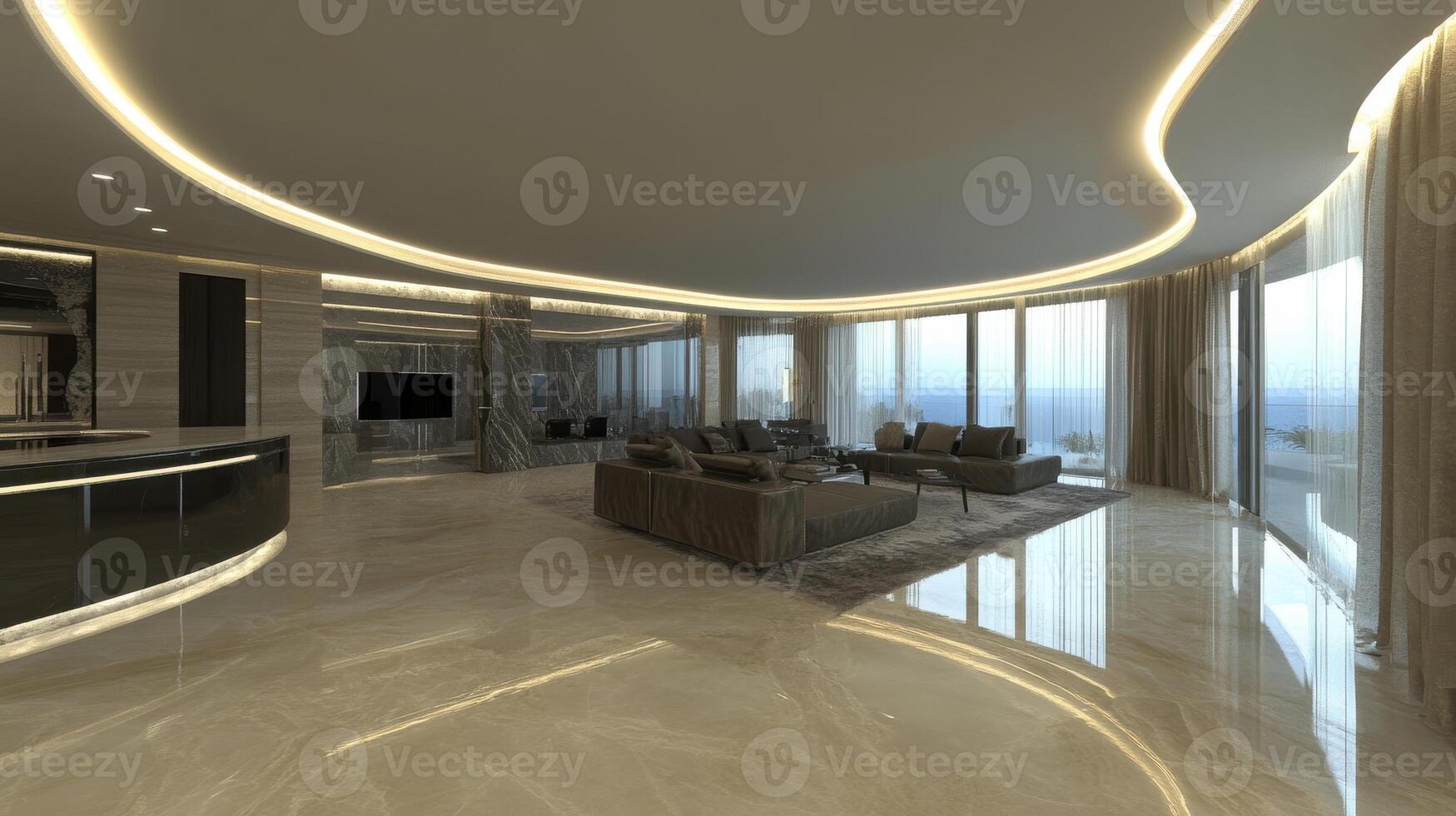Luxurious Curved Modern Living Room with Ocean View and Reflected Light photo