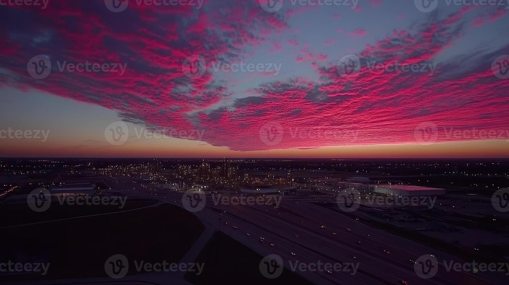 Magenta Sunrise Over an Industrial Horizon A Colorful Dawn Above the City Lights photo