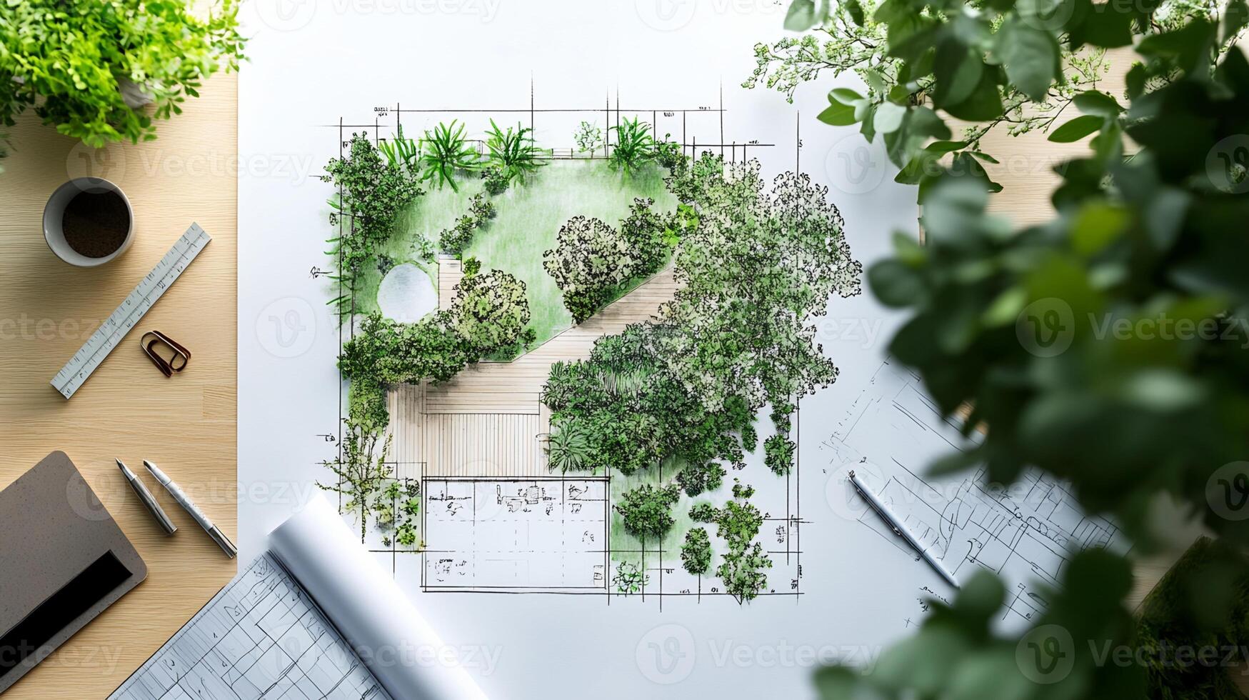 Landscape Design Blueprint with Architectural Tools and Plants photo