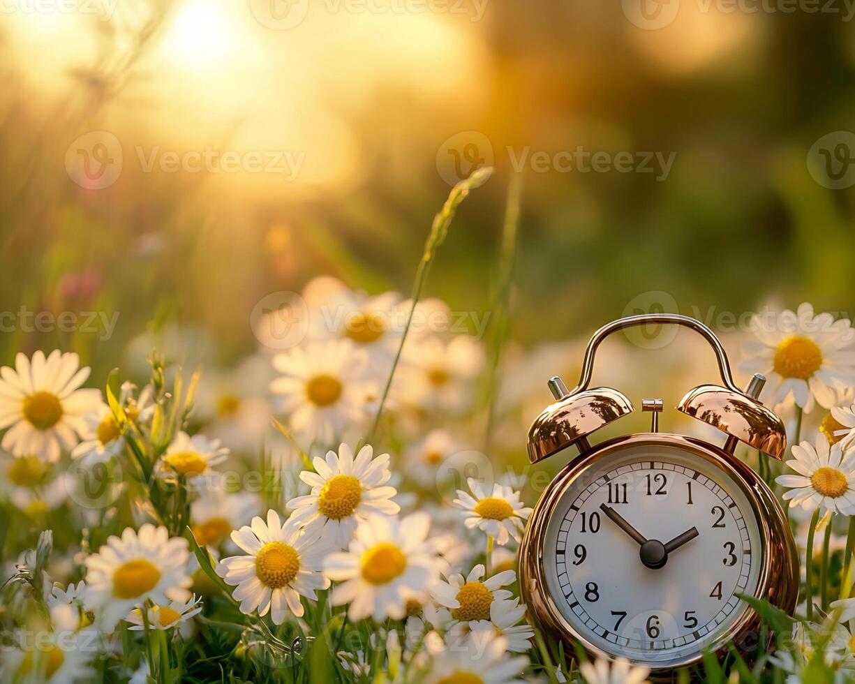 Rose-Gold Alarm Clock in Daisy Field at Sunset photo