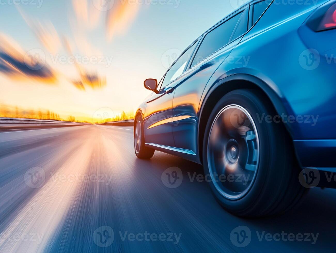 Blue SUV in Motion on Highway at Sunset photo