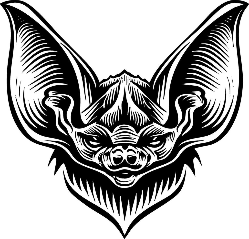 A black and white stylized illustration of an angry bat's head, depicted with large, prominent ears, visible fangs, and detailed textures, rendered in a woodcut or engraving style. vector