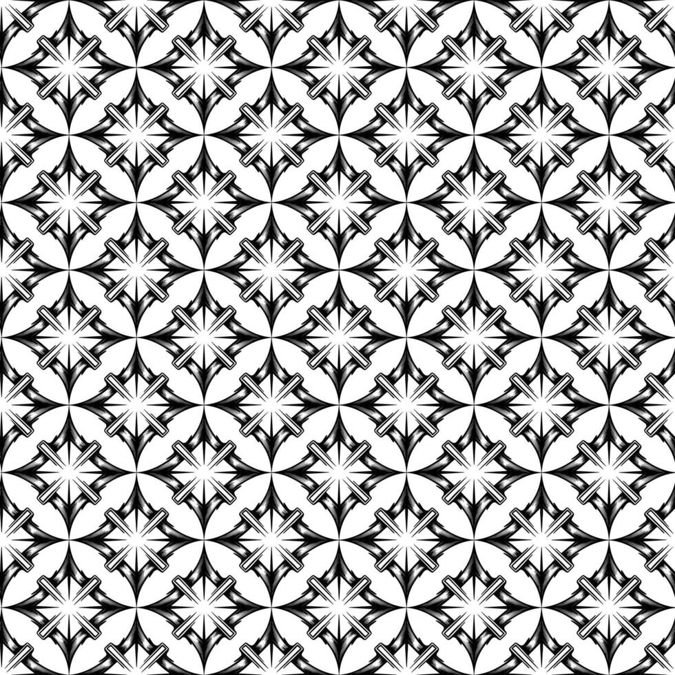 A black and white seamless pattern featuring repeating geometric shapes that resemble stylized four-petal flowers or diamonds, creating a symmetrical and intricate design. vector