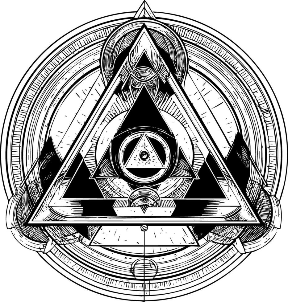 A black and white illustration featuring multiple overlapping triangles and circles, with an all-seeing eye motif at the top, surrounded by intricate geometric and symbolic elements vector
