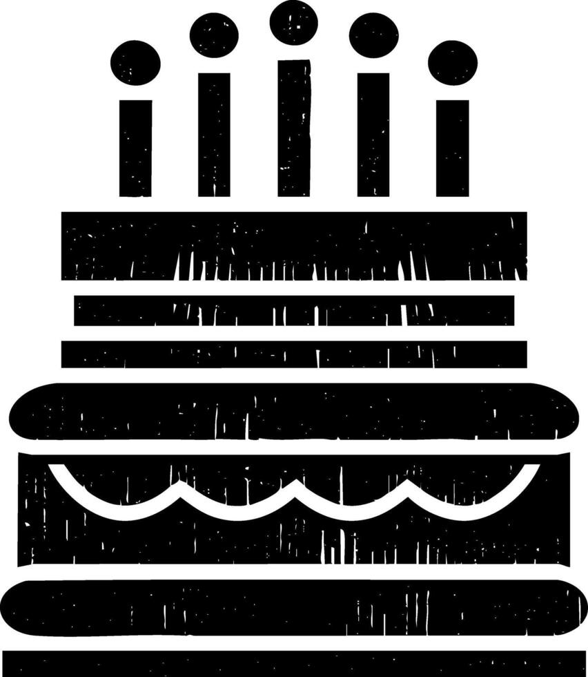 A distressed black and white illustration of a two-tiered birthday cake with five lit candles on top, rendered in a textured, stamp-like style. vector