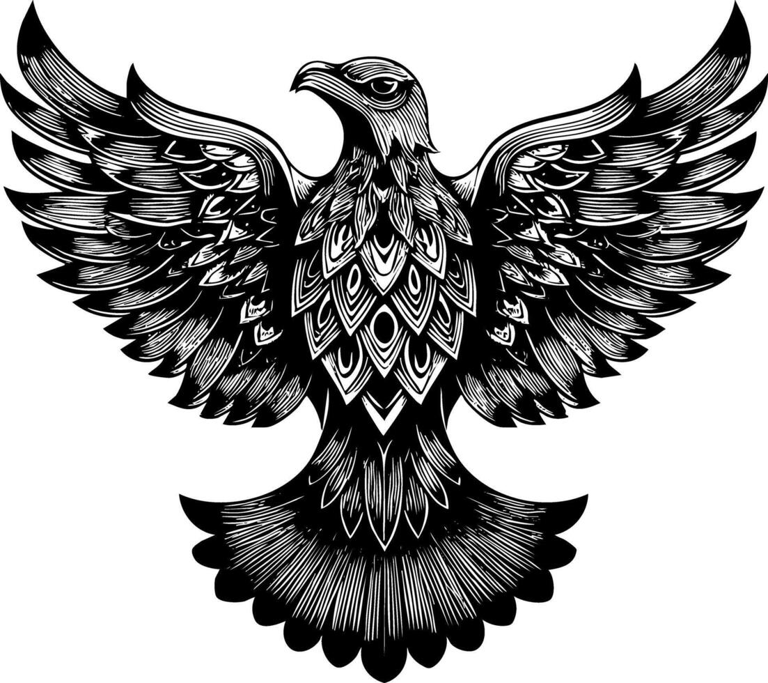 A highly detailed black and white illustration of an eagle with its wings spread wide, rendered in a woodcut or engraving style, showing intricate feather textures. vector