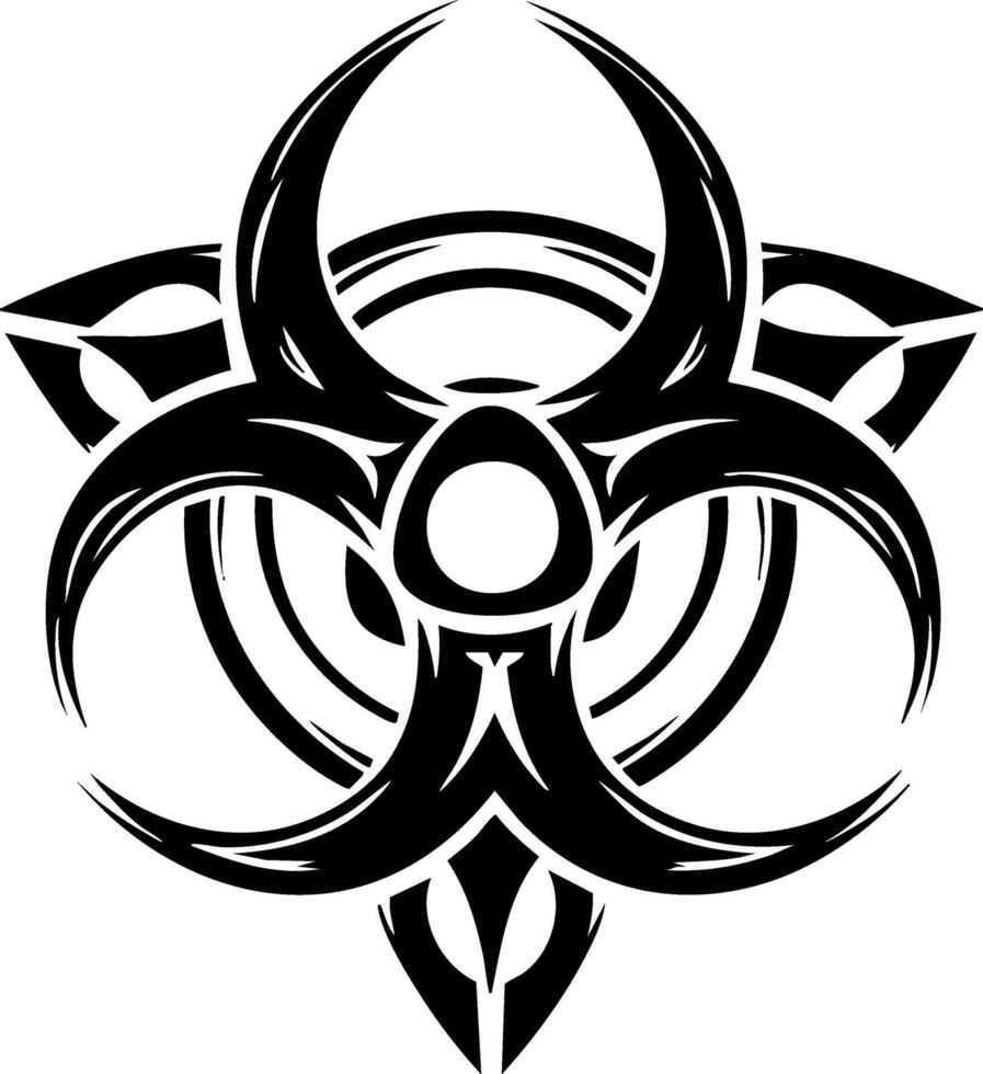 A stylized black and white illustration of a biohazard symbol integrated with a Celtic knot or triquetra design, presented as a solid graphic with sharp edges. vector