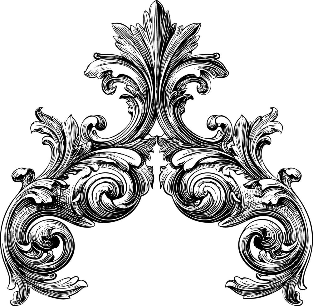An intricate black and white illustration of a Baroque-inspired scrollwork design. vector