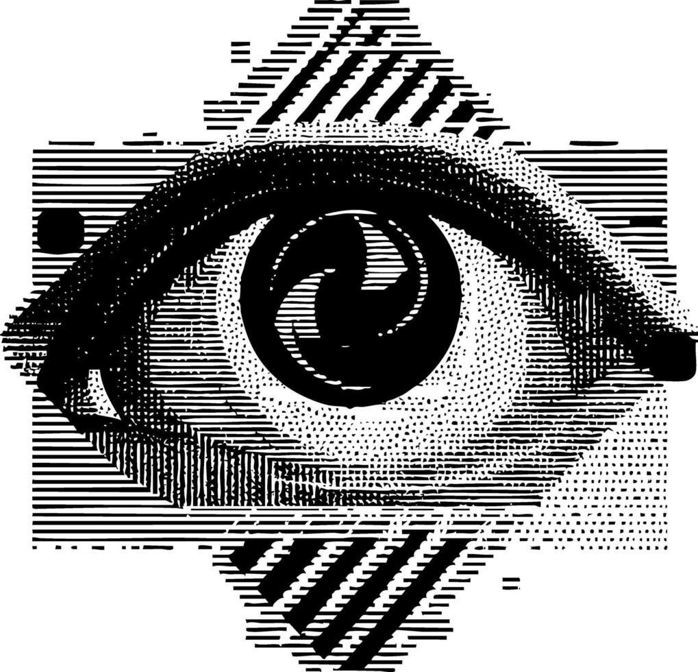 A black and white, highly stylized illustration of a human eye with a distorted pupil and a glitchy, pixelated, or horizontal line pattern background. vector