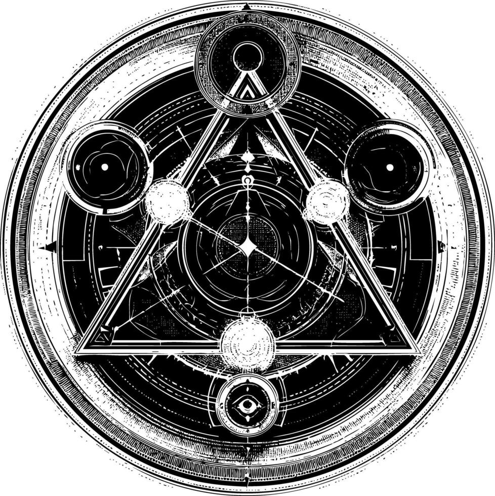 A complex black and white circular design features a central triangle and abstract geometric and symbolic elements. vector